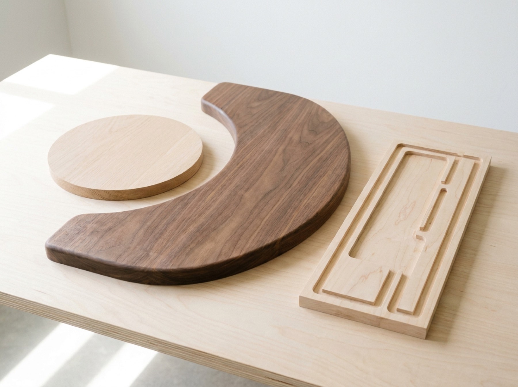 A curved walnut shelf, a round oak disc and a maple panel with routed pockets, laid out on a pale bench.