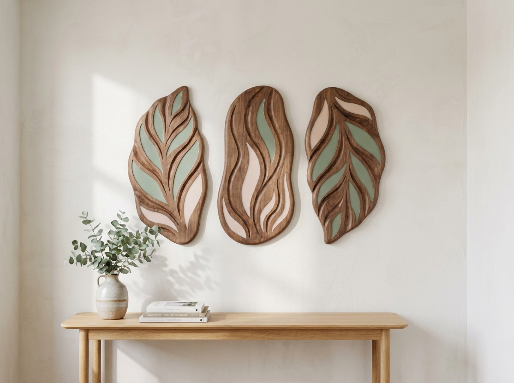 Three carved walnut leaf panels on a pale wall above an oak console, their recesses filled with sage and blush resin.